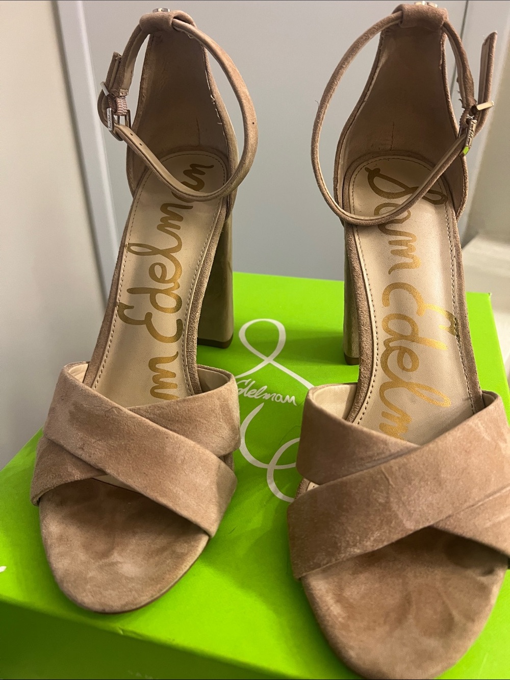 Sam Edelman Beige Suede Block Heel Sandals with Ankle Strap